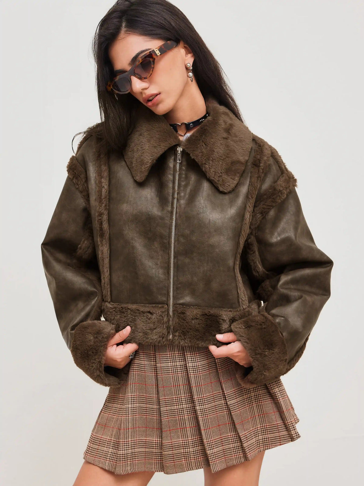 Faux Shearling Collar Solid Zipper Jacket