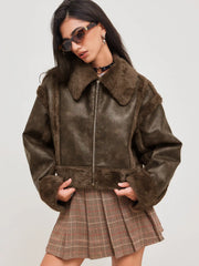 Faux Shearling Collar Solid Zipper Jacket