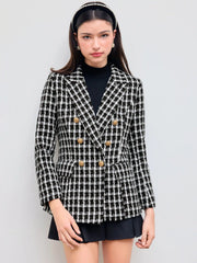 Tweed Collar Check Pocket Button Blazer