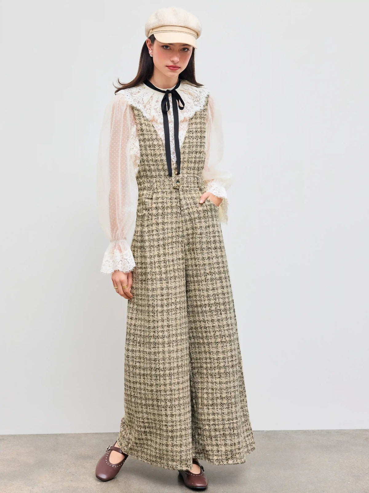 Tweed V-neck Check Button Pleated Wide Leg Jumpsuit