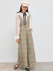 Tweed V-neck Check Button Pleated Wide Leg Jumpsuit