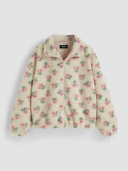 Fleece Stand Collar Floral Zipper Jacket