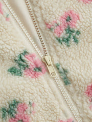 Fleece Stand Collar Floral Zipper Jacket