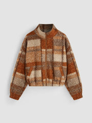 Fleece Stand Collar Checks Pocket Oversized Jacket