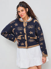 Knit Round Neckline Star Sun Moon Contrasting Binding Long Sleeve Cardigan Curve & Plus