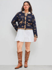 Knit Round Neckline Star Sun Moon Contrasting Binding Long Sleeve Cardigan Curve & Plus