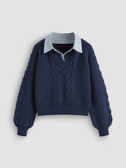 Cable Knit Collar Two Tone Long Sleeve Top