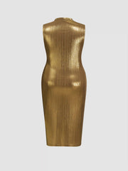 Metallic Stand Collar Solid Ruched Midi Dress Curve & Plus