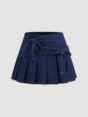 Denim Mid Rise Bowknot Pleated Micro Mini Skirt