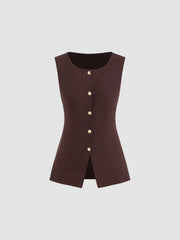 Knitted Boat Neck Solid Button Vest