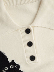 Knit Polo Cat Long Sleeve Top Curve & Plus