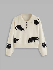 Knit Polo Cat Long Sleeve Top Curve & Plus