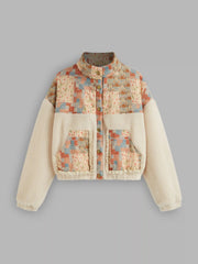 Fleece Stand Collar Floral Oversized Jacket
