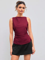 Linen-blend Boat Neckline Solid Bowknot Tank Top