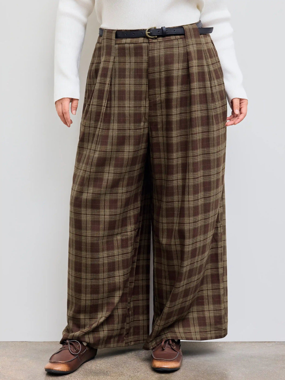 Mid Rise Check Pocket Wide Leg Trousers With Belt Curve & Plus