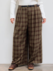 Mid Rise Check Pocket Wide Leg Trousers With Belt Curve & Plus