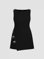 Boat Neckline Solid Bowknot Wrap Mini Dress Curve & Plus