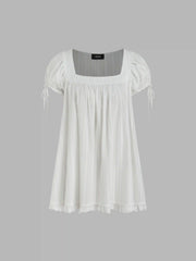 Square Neck Solid Ruffle Knotted Short Sleeve Blouse