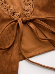 Suede V-Neck Lace Trim Waistcoat