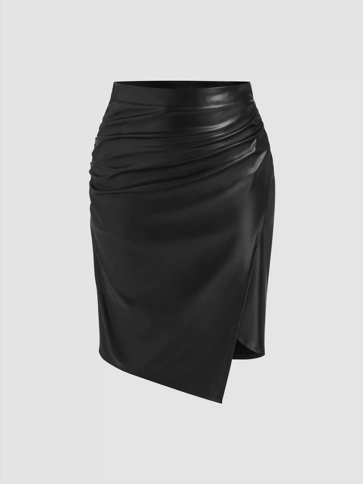 Faux Leather Mid Rise Ruched Split Midi Skirt Curve & Plus