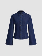 Denim Stand Collar Bell Sleeve Blouse