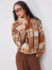 Fleece Stand Collar Checks Pocket Oversized Jacket