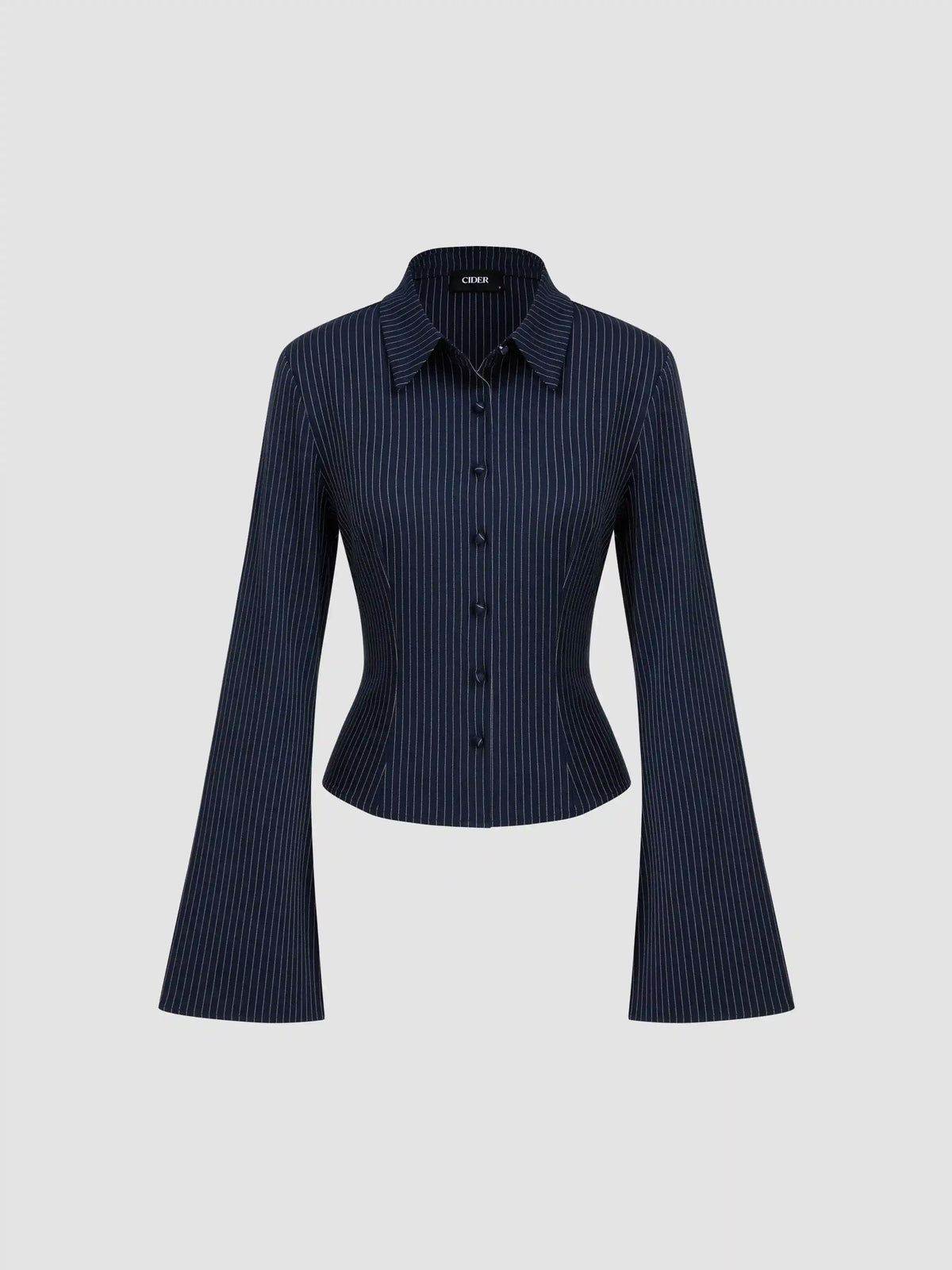 Collar Striped Cinched Waist Bell Sleeve Shirt