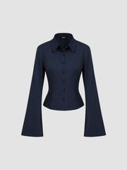 Collar Striped Cinched Waist Bell Sleeve Shirt