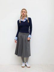 Cotton-blend Collar Stripe Two Tone Top