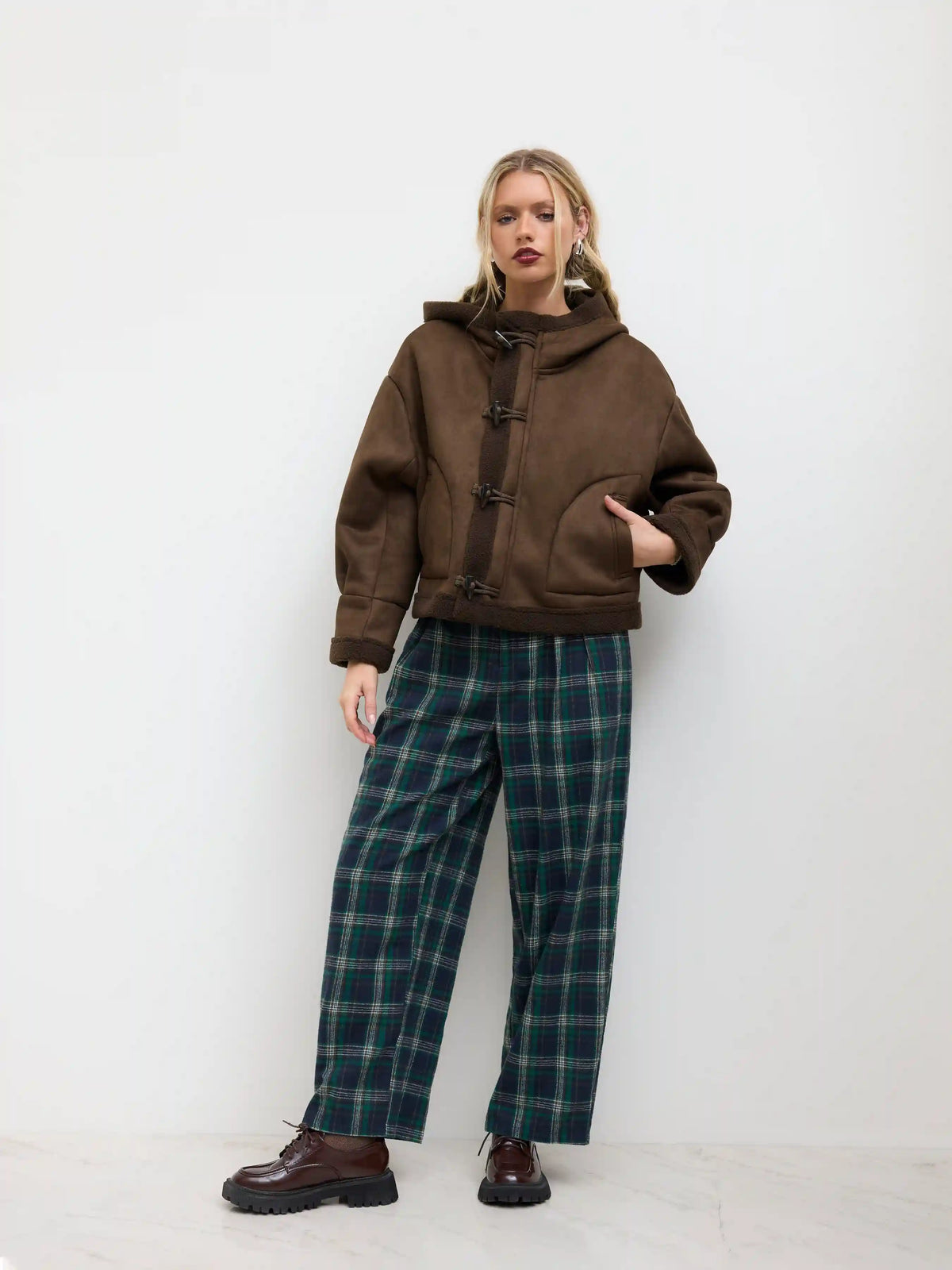 Faux Shearling Hooded Pocket Toggle Button Oversized Jacket
