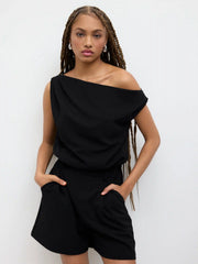 Asymmetrical Neck Solid Pleated Romper