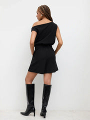 Asymmetrical Neck Solid Pleated Romper