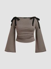 Boat Neck Gingham Bowknot Ruched Long Sleeve Top Curve & Plus