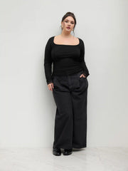 Square Neck Lace Trim Ruched Long Sleeve Tee Curve & Plus