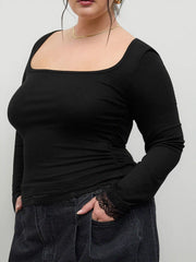 Square Neck Lace Trim Ruched Long Sleeve Tee Curve & Plus