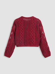 Knit Round Neckline Hollow Out Long Sleeve Crop Top Curve & Plus