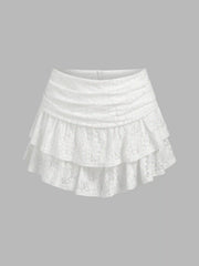Ruched Floral Lace Layered Mini Skort