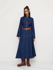 Denim Stand Collar Bell Sleeve Blouse