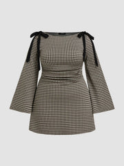 Cotton-blend Boat Neck Gingham Bowknot Ruched Mini Dress Curve & Plus