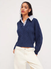 Cable Knit Collar Two Tone Long Sleeve Top