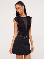 Lace Round Neckline Solid Cut Out See-through Bodysuit