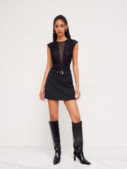 Lace Round Neckline Solid Cut Out See-through Bodysuit