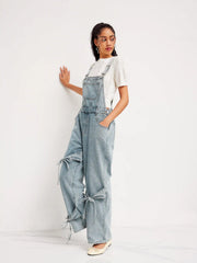 Denim Bowknot Buckle Up Pocket Wide Leg Jumpsuit