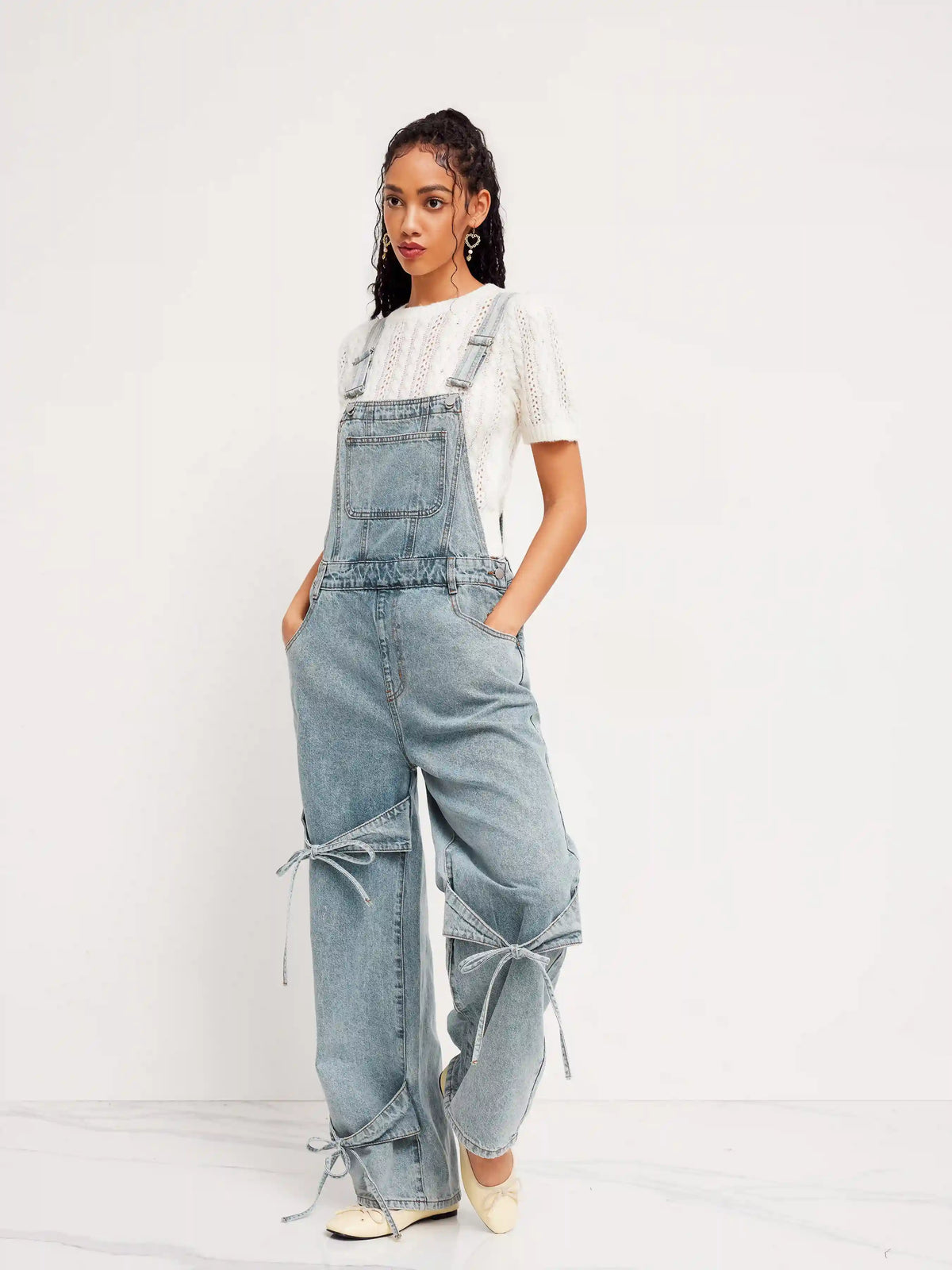 Denim Bowknot Buckle Up Pocket Wide Leg Jumpsuit