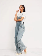 Denim Bowknot Buckle Up Pocket Wide Leg Jumpsuit