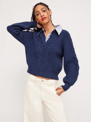Cable Knit Collar Two Tone Long Sleeve Top