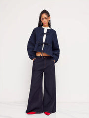 Denim Round Neckline Tie Front Ruffle Hem Jacket