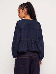 Denim Round Neckline Tie Front Ruffle Hem Jacket