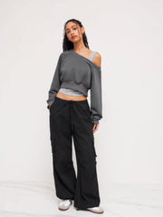 Terry Off-shoulder Cropped Oversized Sweatshirt & Ruched Tank Top