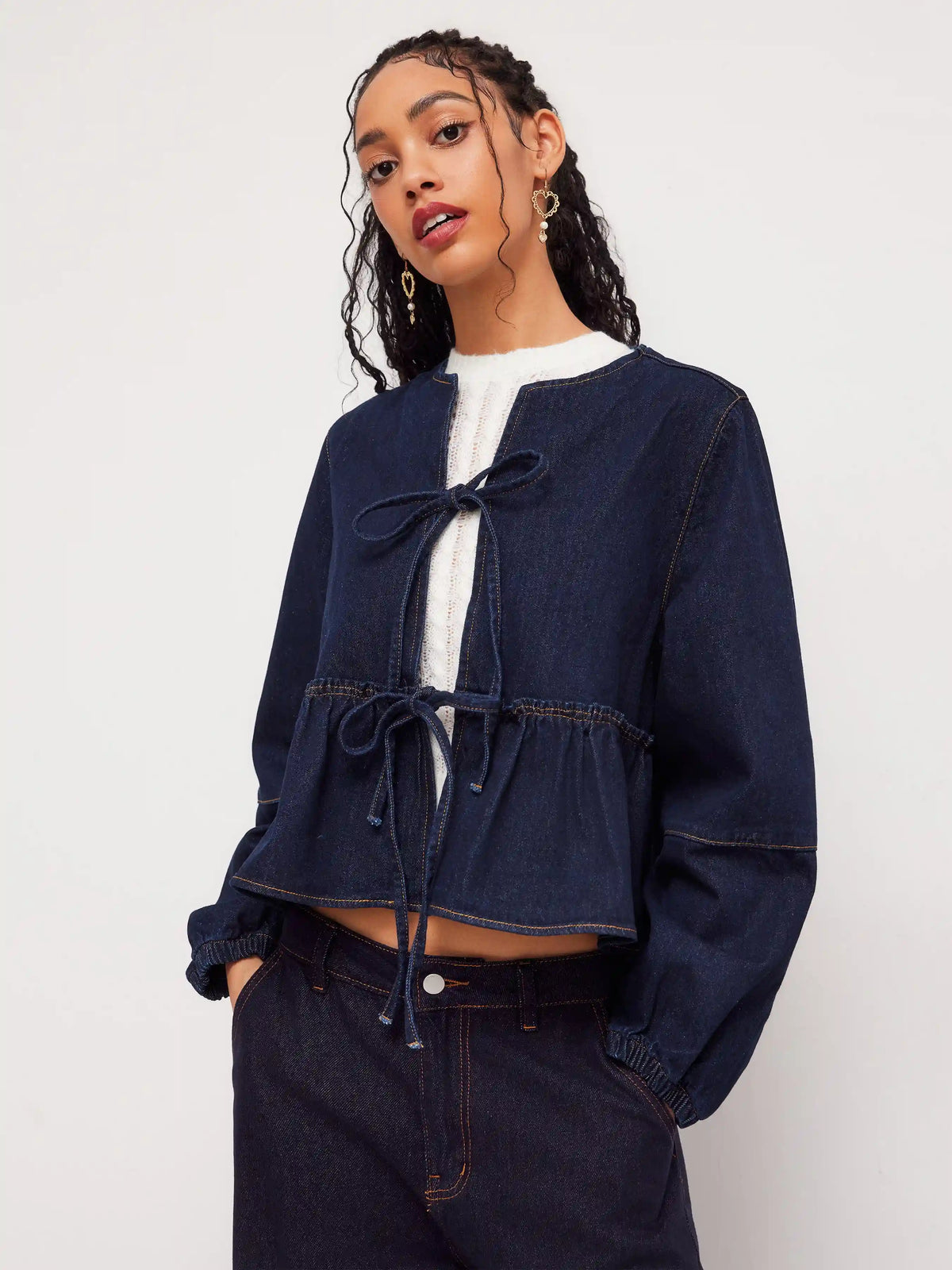 Denim Round Neckline Tie Front Ruffle Hem Jacket